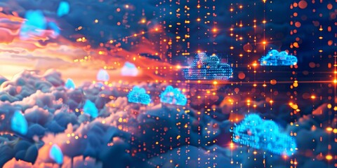 Poster - Conceptual image of data streams floating in the sky, with glowing digital codes and graphs suspended amidst fluffy clouds, representing cloud-based data storage