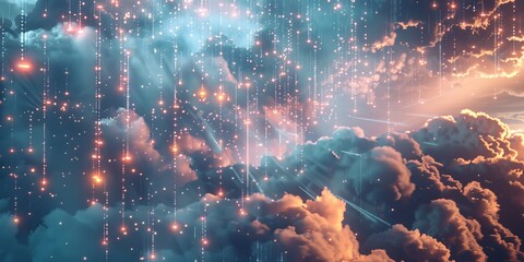 Poster - Conceptual image of data streams floating in the sky, with glowing digital codes and graphs suspended amidst fluffy clouds, representing cloud-based data storage