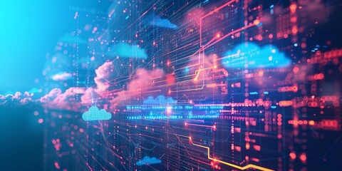 Aufkleber - Dynamic image of data streams suspended in the sky, with futuristic graphs and binary code intertwined with clouds, highlighting advanced data management and cloud technology