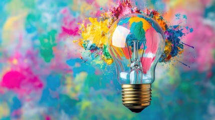 Creative light bulb explodes with colorful paint. brainstorming concept