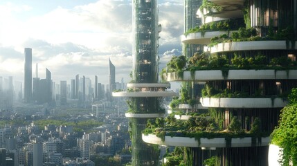 Sticker - A Futuristic Skyscraper with Lush Green Gardens and a City Skyline in the Background