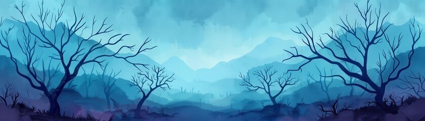 Mysterious blue landscape with bare trees and mountains in the background, showcasing a serene yet eerie atmosphere.