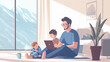 © Emily88 - The photo illustration of A woman is working from home with warm environment, playing with kids , background is the view outside the window
