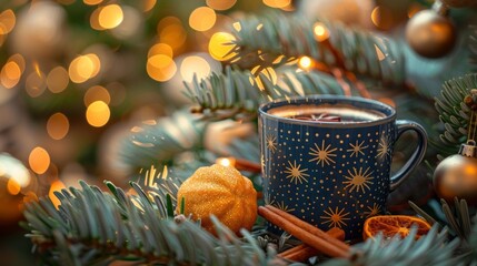 Christmas still life with cup of coffee, Christmas decorations and holiday lights, Christmas, Winter, Coziness, Mug