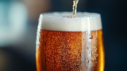 dramatic close up of beer pouring into a glass, emphasizing the frothy foam and its impact, under soft, low-angle light, with a vague and unobtrusive background to highlight the visual details