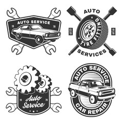 Set of auto service logo, emblems, badges and icons. Vector. Service car repair, restoration and car club design elements.