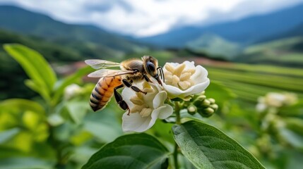 A close-up of a bee collecting nectar from a beautiful white flower, with a natural landscape in the background.