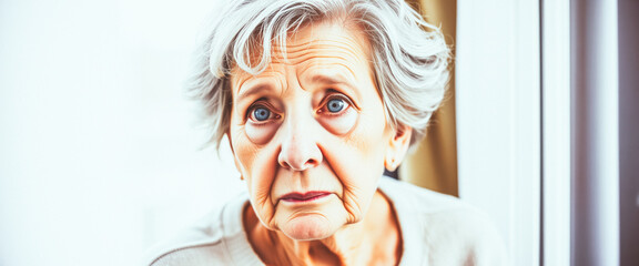 Wall Mural - Senior Woman With Wrinkles And Blue Eyes Looks At Camera