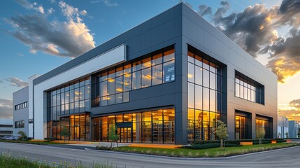 Wall Mural - A modern commercial building with large glass windows and a metal facade.