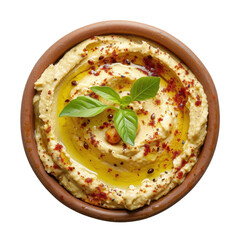 Delicious hummus topped with olive oil and spices, garnished with fresh basil leaves, ideal for appetizers and healthy snacks.