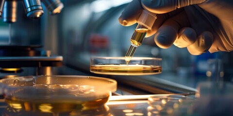 Wall Mural - A researcher carefully transferring a liquid from a test tube to a petri dish, highlighting precision and methodical work in a sterile laboratory environment