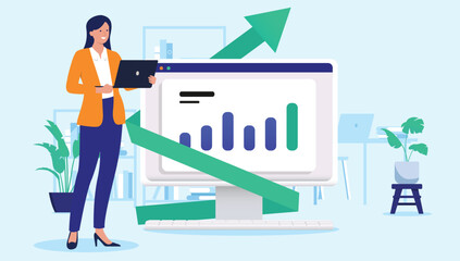 Poster - Woman with business success - Successful female person standing holding and using laptop computer looking at green arrow and chart rising upwards showing growth. Flat design vector illustration