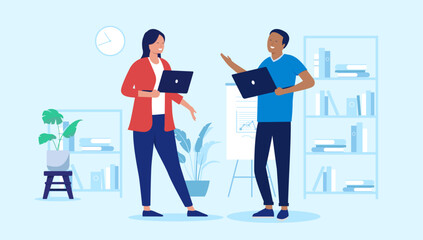 Fototapete - Two happy people talking in office - Employees and colleagues having conversation at work, smiling and having a good time at work. Flat design vector illustration with blue background