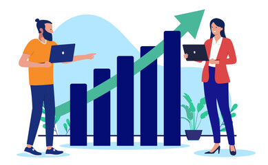 Fototapete - People with rising chart and graph - Two businesspeople standing with growth diagram and green rising arrow pointing up towards success. Flat design vector illustration with white background