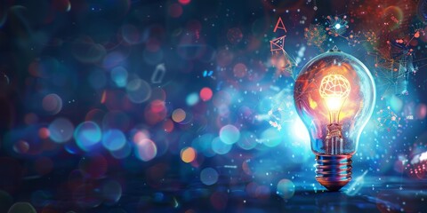 Fototapete - A light bulb with a soft glow surrounded by floating symbols of AI, such as machine learning and data visualizations, representing the connection between innovation and tech