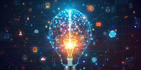 Fototapete - A bright light bulb encircled by various AI icons, including brain circuits and algorithm patterns, symbolizing the fusion of creativity and artificial intelligence