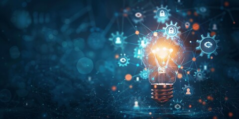 Fototapete - A light bulb shining in the center with a halo of AI-related symbols like gears and cloud networks, illustrating the intersection of ideas and advanced technology