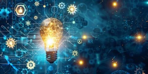Fototapete - A light bulb shining in the center with a halo of AI-related symbols like gears and cloud networks, illustrating the intersection of ideas and advanced technology