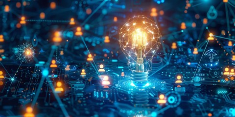 Fototapete - A central light bulb surrounded by a web of AI symbols, such as circuit diagrams and predictive analytics, reflecting the synergy between innovation and technology