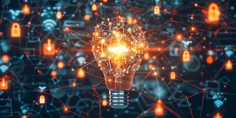 Fototapete - A central light bulb surrounded by a web of AI symbols, such as circuit diagrams and predictive analytics, reflecting the synergy between innovation and technology