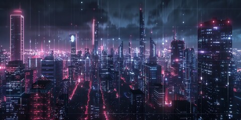 Wall Mural - A dark cityscape illuminated by bright lines connecting high-rise buildings, showcasing the seamless flow of data and technological connections in a vibrant night city