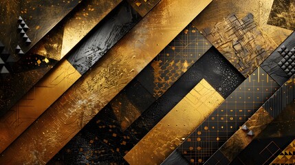 Modern gold texture poster with geometric patterns, showcasing a variety of gold tones and textures in an abstract and visually appealing composition.