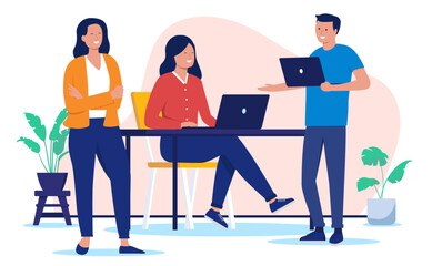 Aufkleber - Office people talking - Group of three people working in team together discussing work and business together. Employee and colleague communication concept in flat design vector illustration