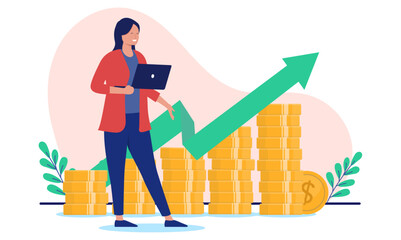 Leinwandbilder - Woman with laptop making money - Female professional person standing in front of coin chart diagram looking at green arrow pointing up towards growth and financial success. Flat design vector