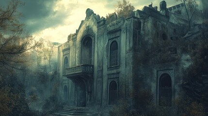 Sticker - A Decaying Stone Mansion with Overgrown Foliage and a Foggy Sky