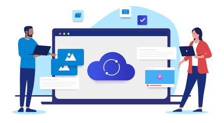Working in the cloud - Two people with large computer screen doing work and tasks using cloud technology together. Flat design vector illustration with white background