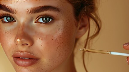 Wall Mural - A close up portrait of a young woman with flawless skin, holding a bottle of facial serum.