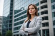 © ThomasLENNE - Low angle portrait of beautiful and young female CEO standing with arms crossed against office building