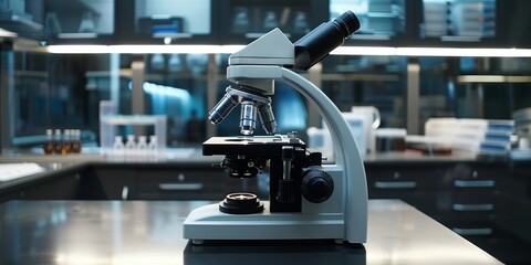 Wall Mural - microscope on a sleek lab counter, with a specimen slide under the lens, demonstrating advanced opti