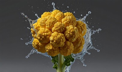 Wall Mural - A yellow cauliflower in a splash of fresh water isolated on a transparent background