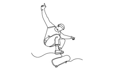 One Continuous line drawing of a skateboarder young teenage man. A Single-line skateboarder jumping boy playing with a skateboard isolated on a white background.