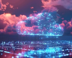 Sticker - glowing digital data cloud illuminating cityscape at night