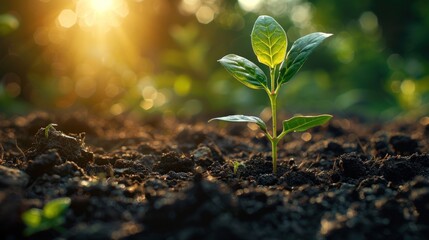 Wall Mural - A single green seedling emerges from the dark soil, bathed in the warm glow of the morning sun.