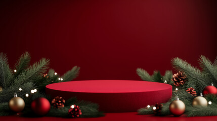 Sticker - A snowy Christmas-themed podium with a red velvet surface, surrounded by pine branches, ornaments, and twinkling fairy lights 