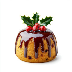 Sticker - Closeup of a Christmas pudding with holly and berries isolated on white background 