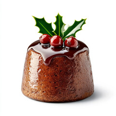 Canvas Print - Closeup of a Christmas pudding with holly and berries isolated on white background 