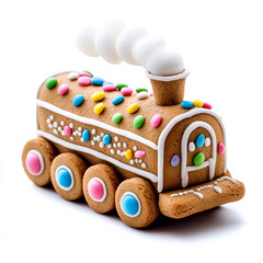 Poster - Gingerbread train with candy-coated wheels, icing rails, and sugar sprinkle smoke, isolated on a white background 