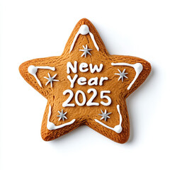 Canvas Print - Gingerbread star with New Year 2025 written in icing, glittery details, isolated on white 