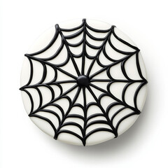 Wall Mural - Halloween spider web cake with white frosting and black web design, isolated on white background, top view 