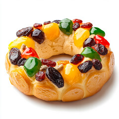 Sticker - Mexican rosca de reyes, a ring-shaped sweet bread decorated with dried fruits, for Epiphany, isolated on white background, side view 