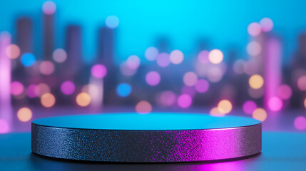 Modern New Year podium with a metallic finish, surrounded by LED lights, glitter, and a futuristic cityscape in the background 