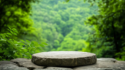 Wall Mural - Stone podium on a rocky surface, surrounded by dense greenery and a softly blurred background of forest and hills 