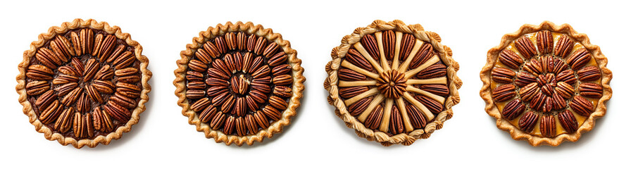 Sticker - Four beautifully decorated pecan pies arranged in a row, ideal for Thanksgiving celebrations and festive holiday gatherings