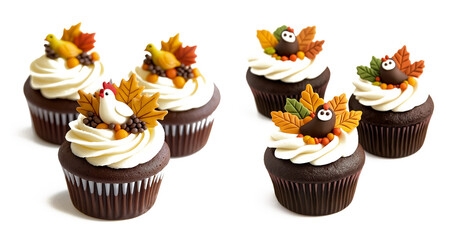 Wall Mural - Thanksgiving-themed chocolate cupcakes with festive turkey and autumn leaf decorations, perfect for celebrating the fall holiday season