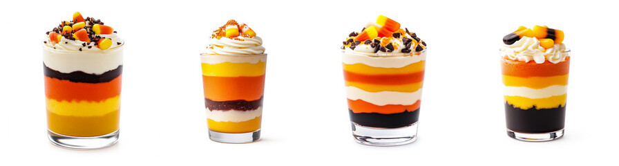 Sticker - Colorful layered Halloween trifles with candy corn, whipped cream, and chocolate crumbs in glass cups, perfect for festive dessert ideas