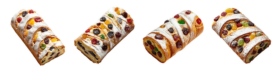 Sticker - Assorted Christmas stollen bread loaves with powdered sugar and colorful candied fruits on white background, perfect for holiday celebrations